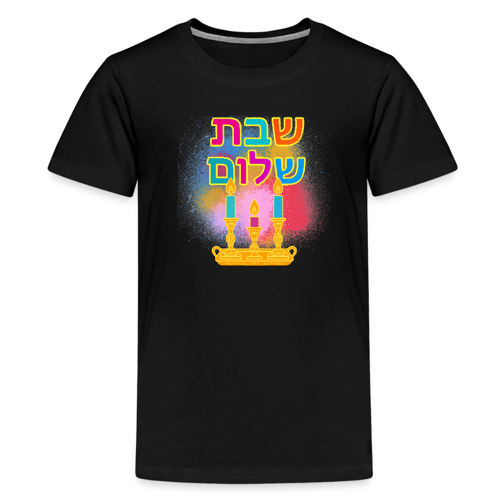 Shabbat Shalom Neon Hebrew Art Kids' Premium T-Shirt - black