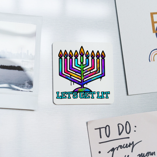 Let’s Get Lit Chabad Menorah Square Magnet - white