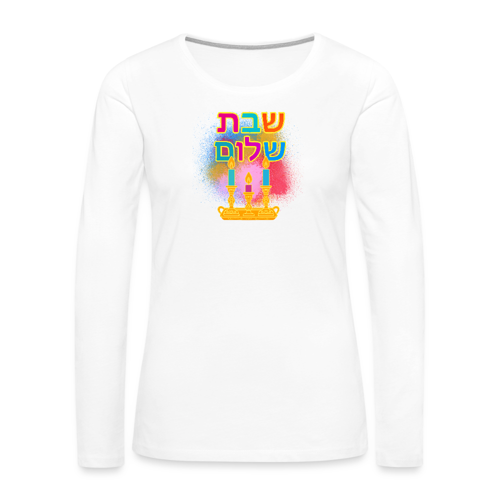 Shabbat Shalom Neon Hebrew Art Women's Premium Long Sleeve T-Shirt - white