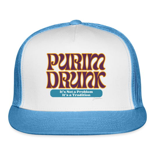 Purim Drunk Trucker Hat - white/blue
