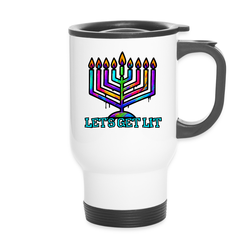 Let’s Get Lit Chabad Menorah Travel Mug - white