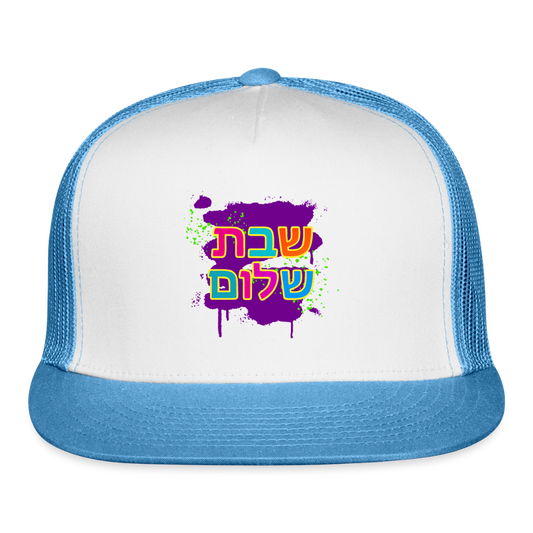 Shabbat Shalom Neon Pop Trucker Hat - white/blue