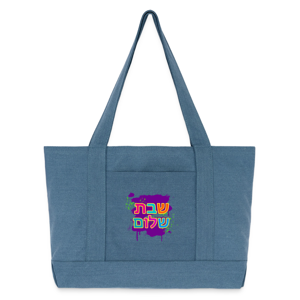 Shabbat Shalom Neon Pop Cotton Pigment Dyed Tote Bag - denim