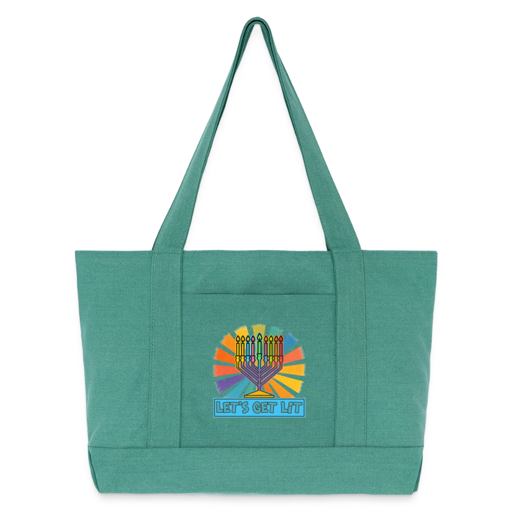 Radiant Retro “Let’s Get Lit” Menorah Cotton Pigment Dyed Tote Bag - mermaid green