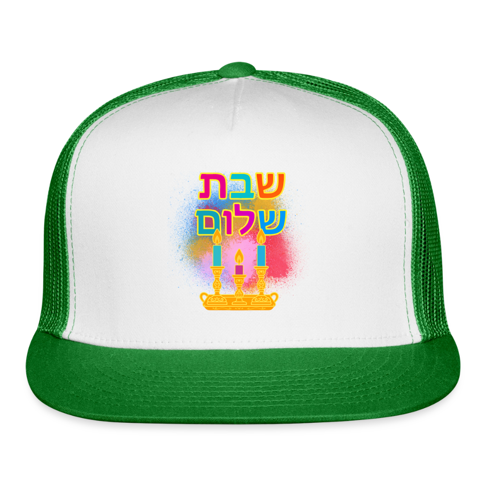Shabbat Shalom Neon Hebrew Art Trucker Hat - white/kelly green