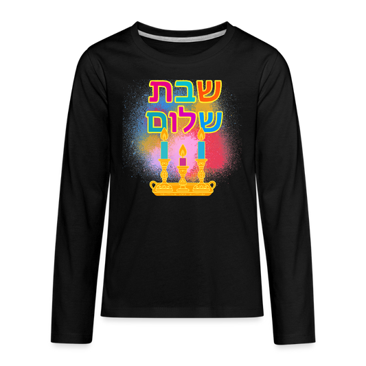 Shabbat Shalom Neon Hebrew Art Kids' Premium Long Sleeve T-Shirt - black