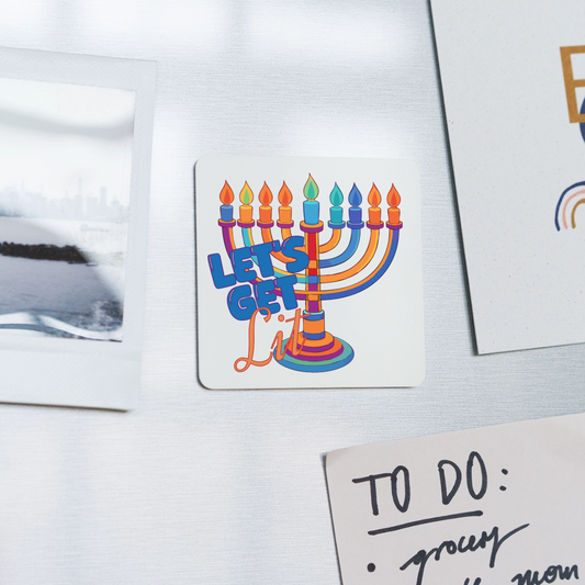 Let’s Get Lit Menorah Square Magnet - white