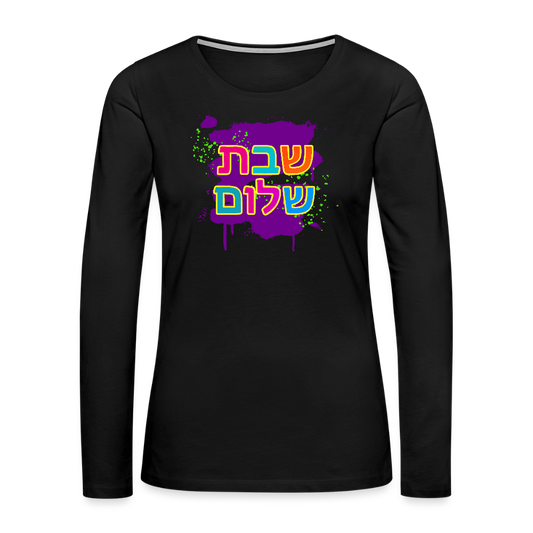 Shabbat Shalom Neon Pop Women's Premium Long Sleeve T-Shirt - black