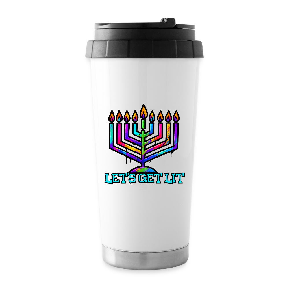 Let’s Get Lit Chabad Menorah 16 oz Travel Mug - white
