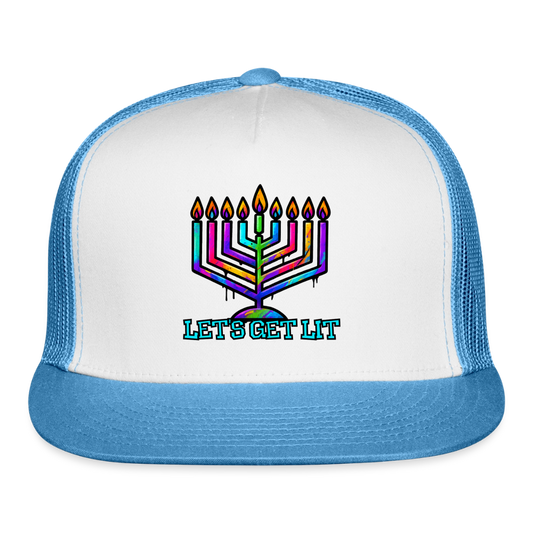 Let’s Get Lit Chabad Menorah Trucker Hat - white/blue