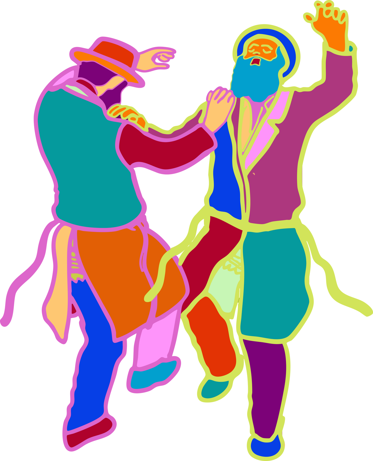 colorful neon pop art image of two dancing Jewish Rabbis 