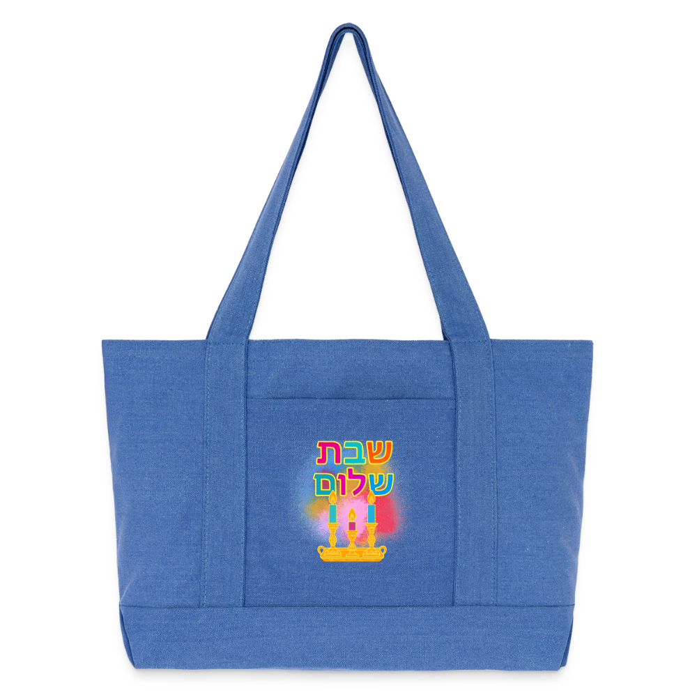 Shabbat Shalom Neon Hebrew Art Cotton Pigment Dyed Tote Bag - periwinkle blue