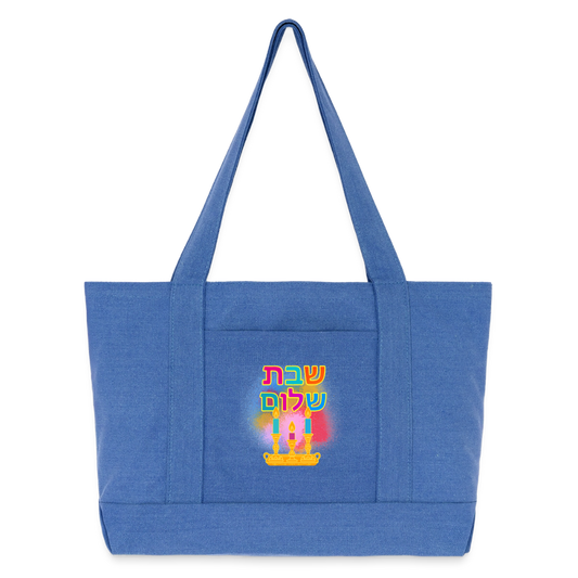 Shabbat Shalom Neon Hebrew Art Cotton Pigment Dyed Tote Bag - periwinkle blue
