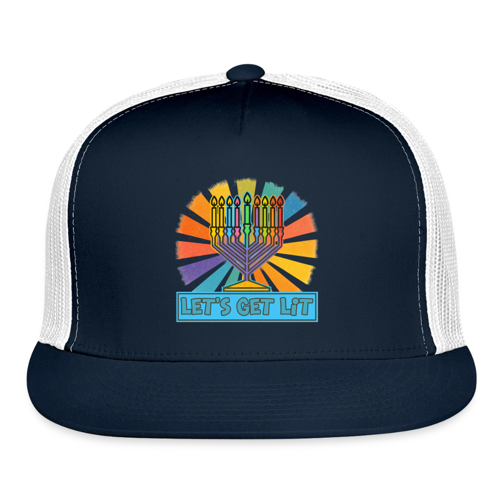 Radiant Retro “Let’s Get Lit” Menorah Trucker Hat - navy/white