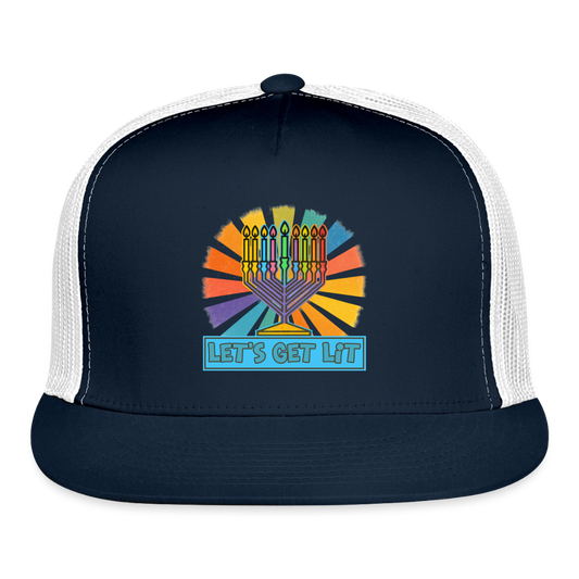 Radiant Retro “Let’s Get Lit” Menorah Trucker Hat - navy/white