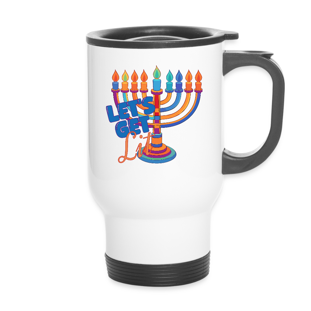 Let’s Get Lit Menorah Travel Mug - white