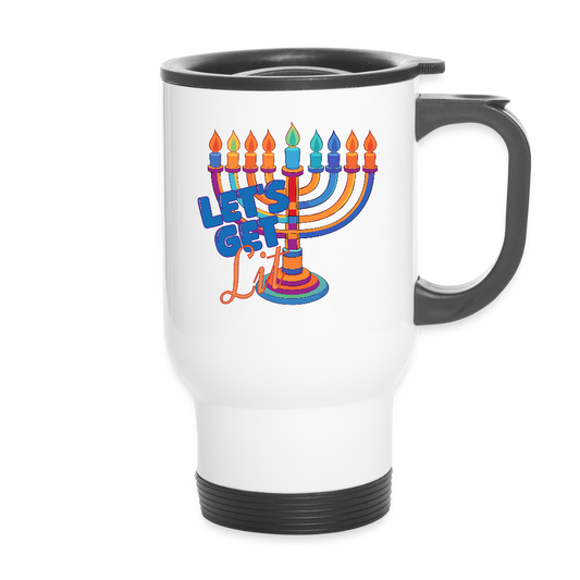 Let’s Get Lit Menorah Travel Mug - white