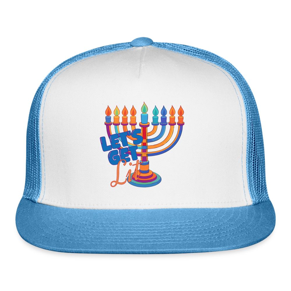 Let’s Get Lit Menorah Trucker Hat - white/blue