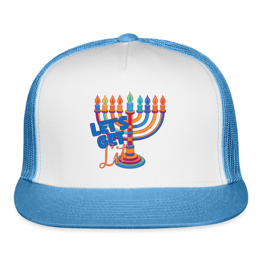 Let’s Get Lit Menorah Trucker Hat - white/blue