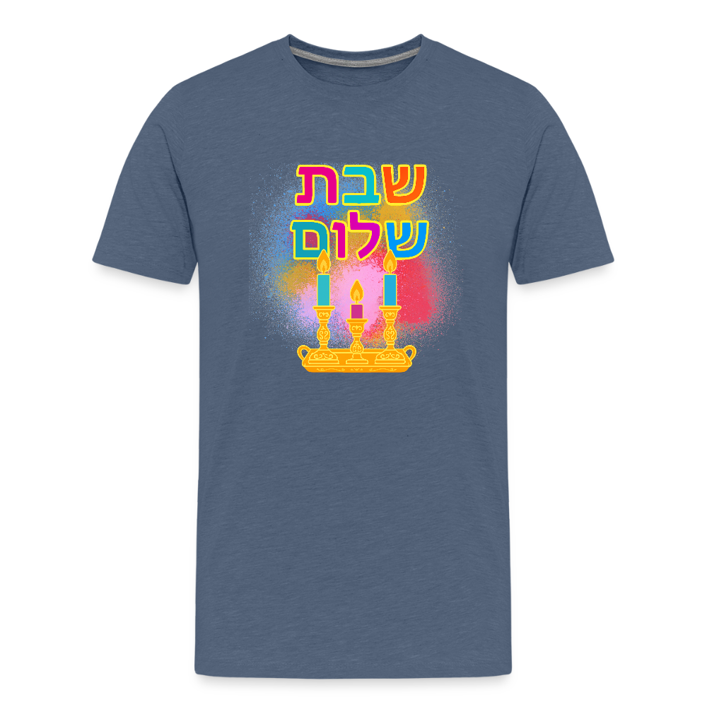 Shabbat Shalom Neon Hebrew Art Kids' Premium T-Shirt - heather blue