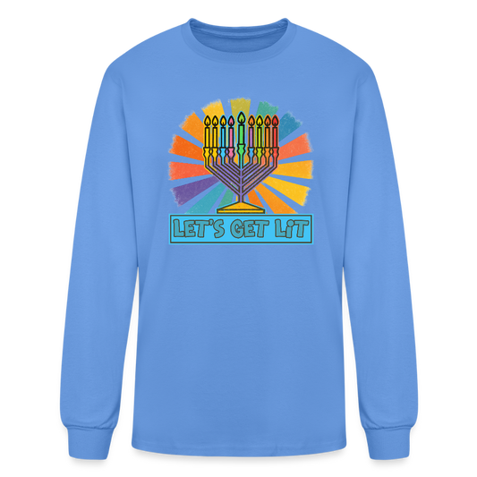 Radiant Retro Let's Get Lit Menorah Men's Long Sleeve T-Shirt - carolina blue