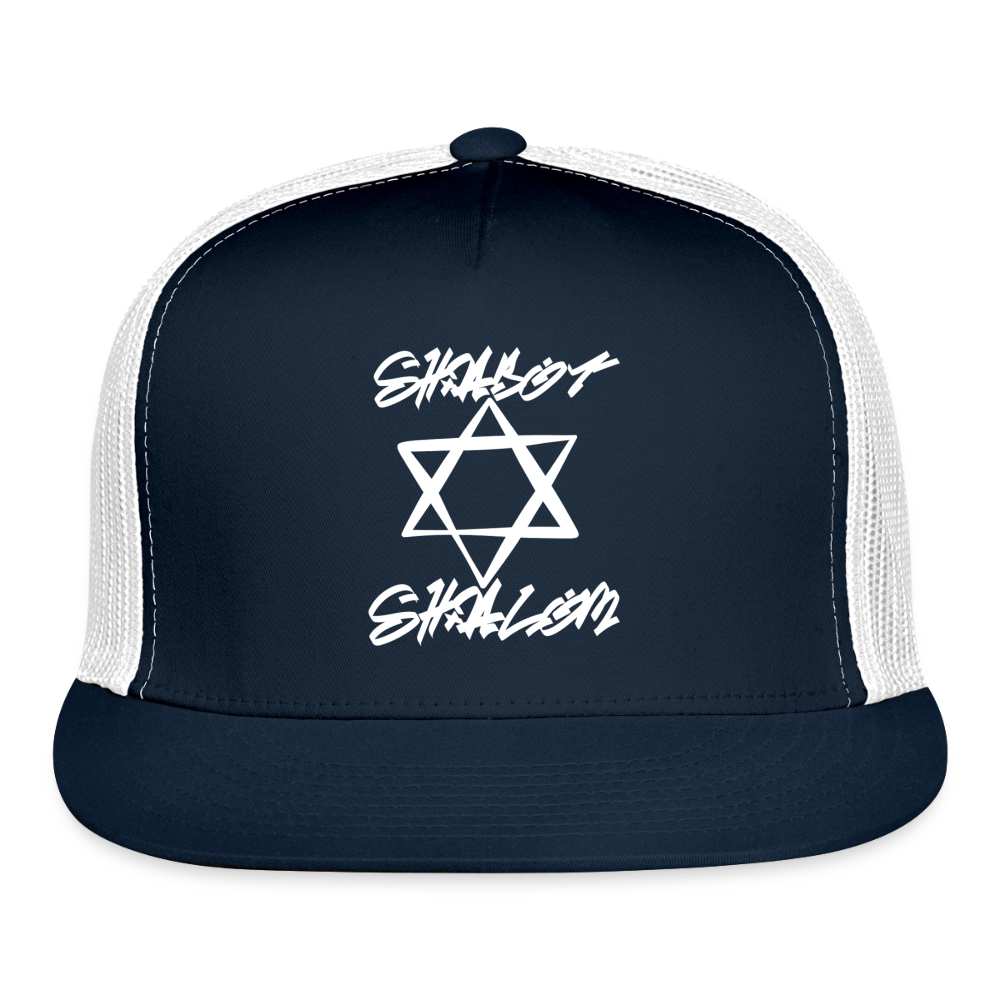 Shabbat Shalom Graffiti Light Star Trucker Hat - navy/white