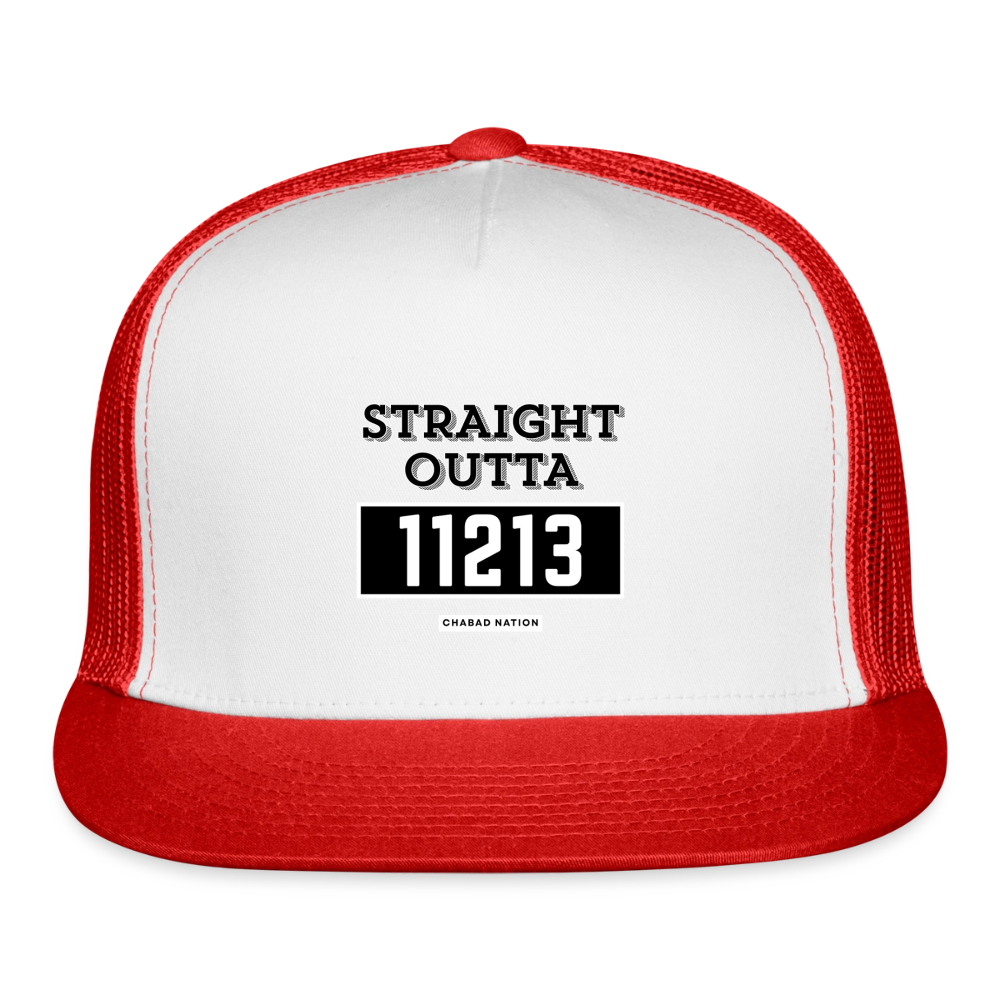 Straight Outta 11213 Trucker Hat - white/red