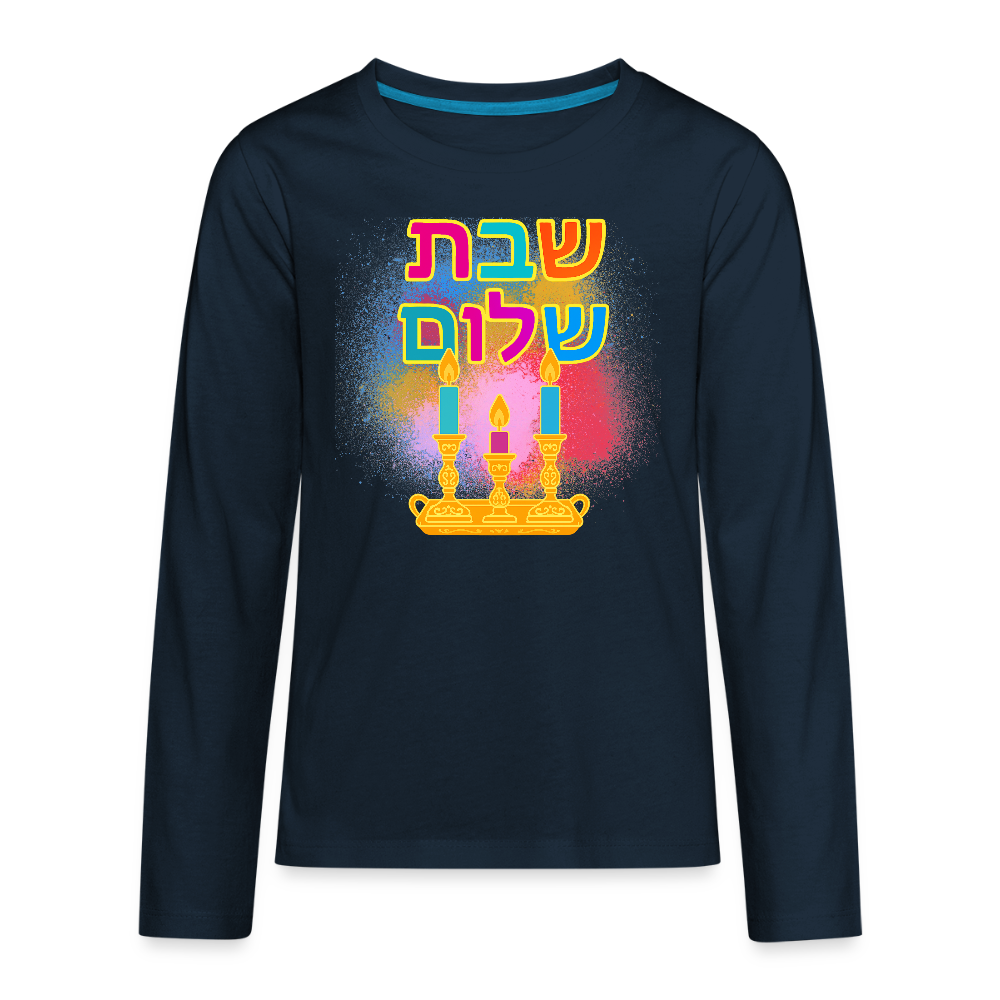 Shabbat Shalom Neon Hebrew Art Kids' Premium Long Sleeve T-Shirt - deep navy