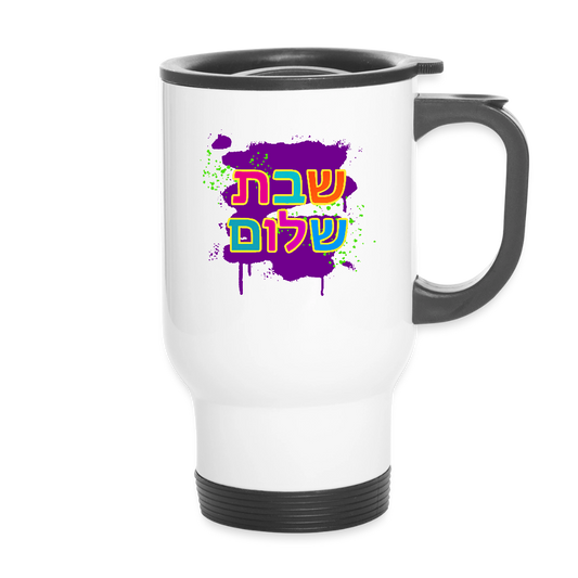 Shabbat Shalom Neon Pop Travel Mug - white