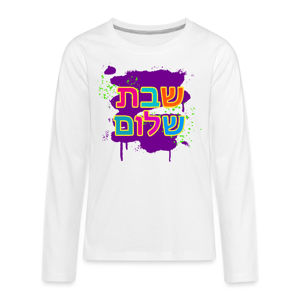 Shabbat Shalom Neon Pop Kids' Premium Long Sleeve T-Shirt - white
