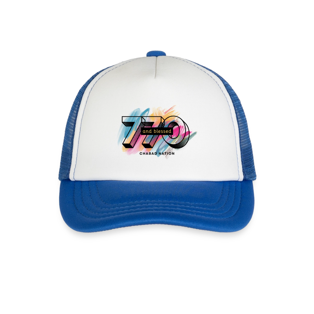 770 And Blessed  Kid's Trucker Cap - white/royal blue