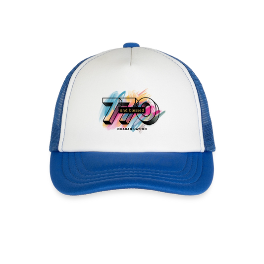 770 And Blessed  Kid's Trucker Cap - white/royal blue