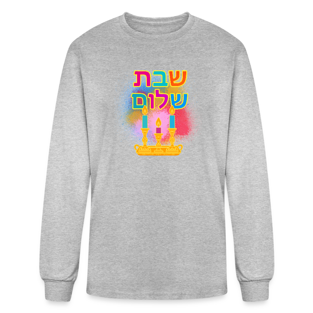 Shabbat Shalom Neon Hebrew Art Men's Long Sleeve T-Shirt - heather gray