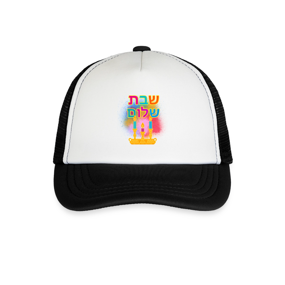 Shabbat Shalom Neon Hebrew Art Kid's Trucker Cap - white/black