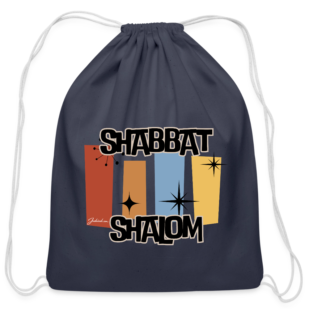 Retro Shabbat Cotton Drawstring Bag - navy