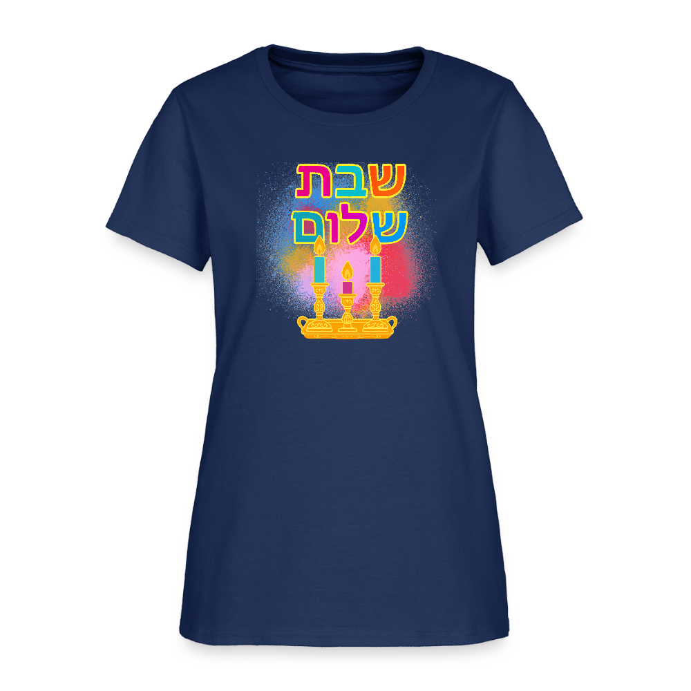 Shabbat Shalom Neon Hebrew Art Women's T-Shirt -  blue dusk
