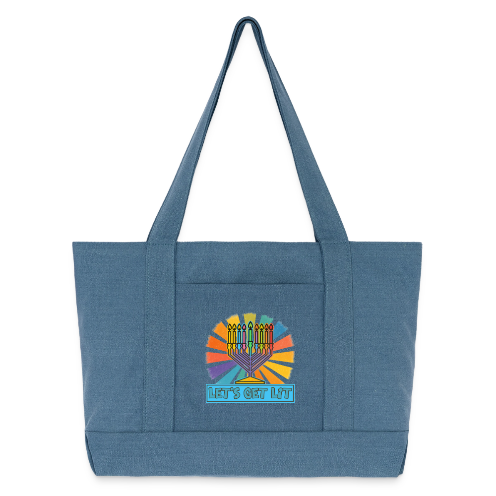 Radiant Retro “Let’s Get Lit” Menorah Cotton Pigment Dyed Tote Bag - denim