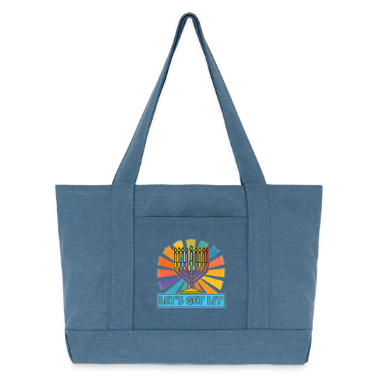 Radiant Retro “Let’s Get Lit” Menorah Cotton Pigment Dyed Tote Bag - denim