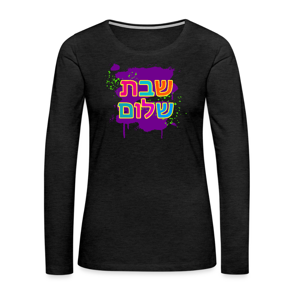 Shabbat Shalom Neon Pop Women's Premium Long Sleeve T-Shirt - charcoal grey