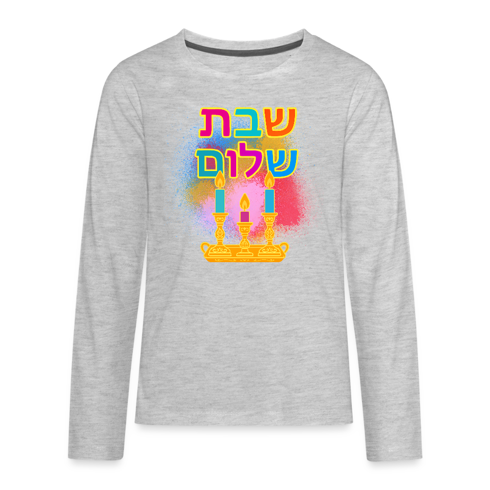 Shabbat Shalom Neon Hebrew Art Kids' Premium Long Sleeve T-Shirt - heather gray
