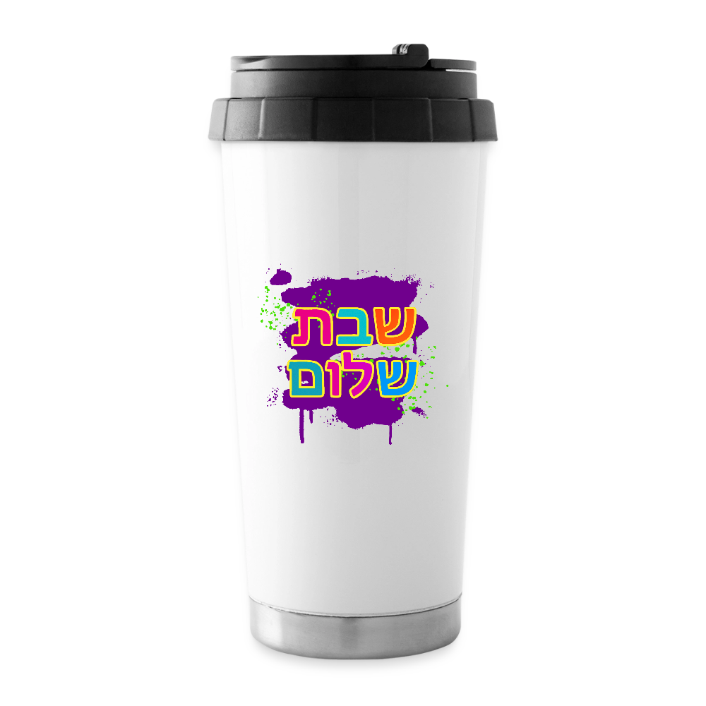 Shabbat Shalom Neon Pop 16 oz Travel Mug - white