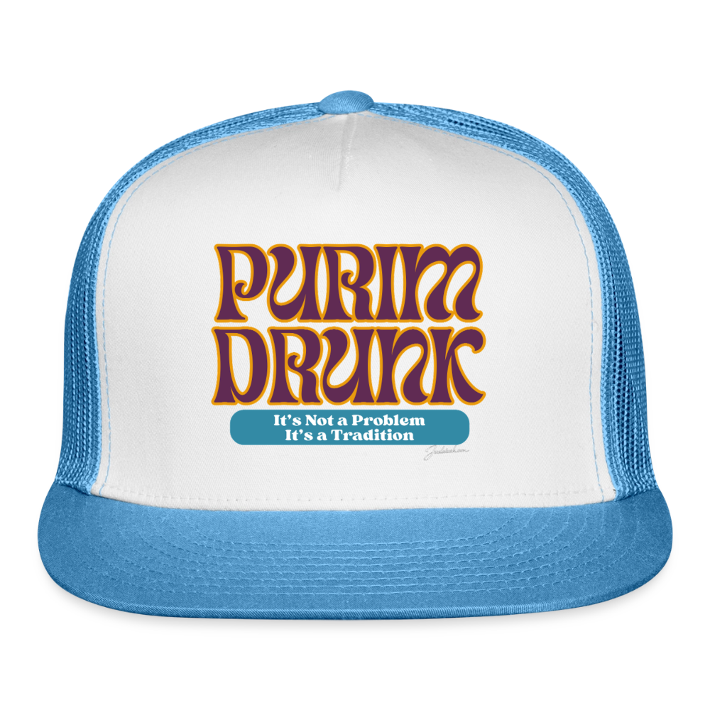 Purim Drunk Trucker Hat - white/blue
