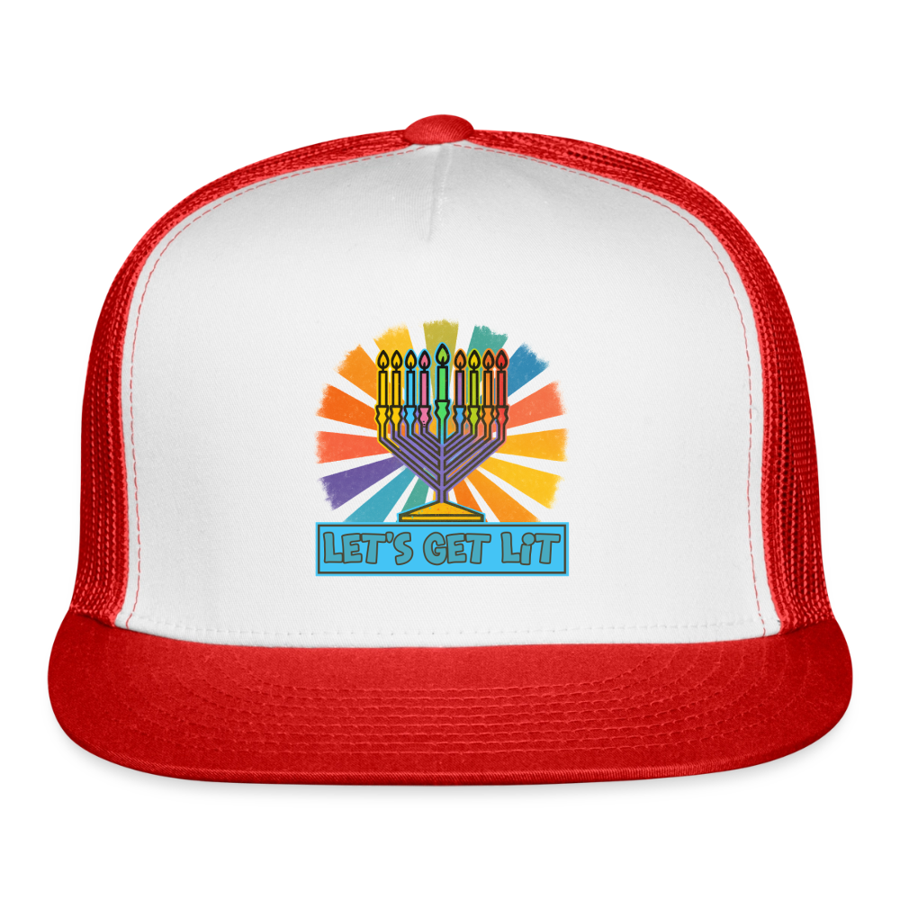 Radiant Retro “Let’s Get Lit” Menorah Trucker Hat - white/red