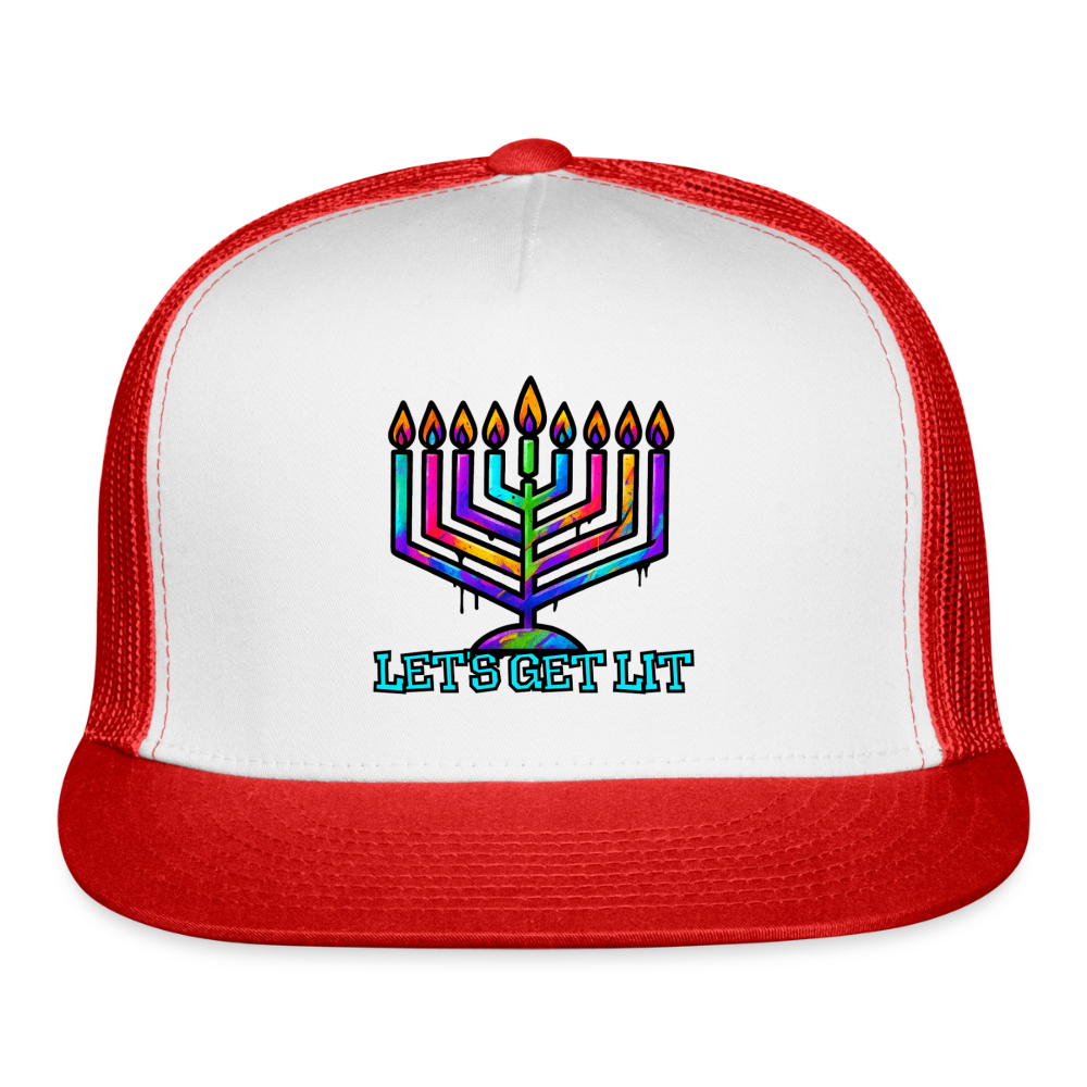 Let’s Get Lit Chabad Menorah Trucker Hat - white/red