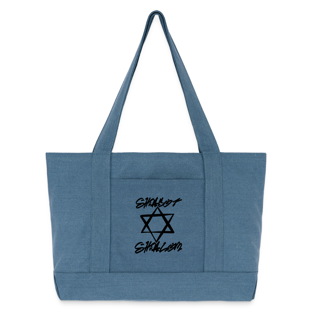 Shabbat Shalom Graffiti Star Cotton Pigment Dyed Tote Bag - denim