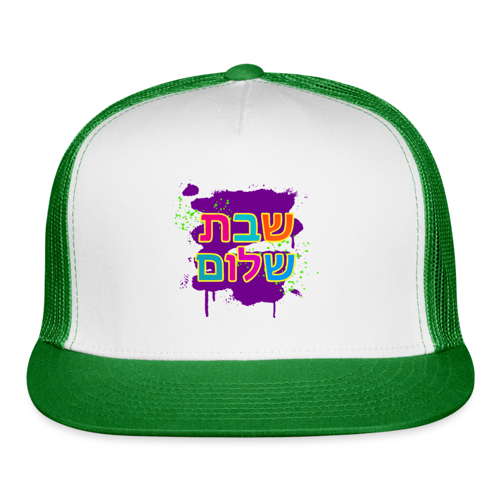 Shabbat Shalom Neon Pop Trucker Hat - white/kelly green