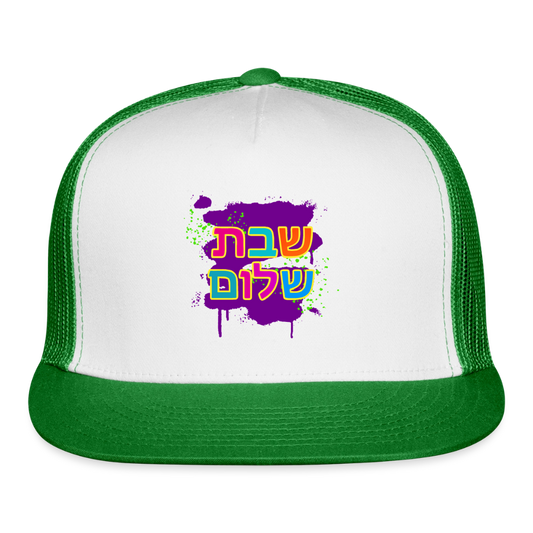 Shabbat Shalom Neon Pop Trucker Hat - white/kelly green
