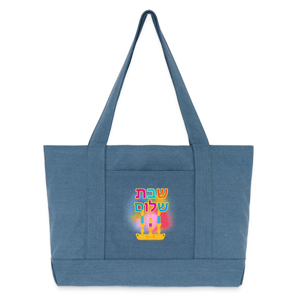 Shabbat Shalom Neon Hebrew Art Cotton Pigment Dyed Tote Bag - denim