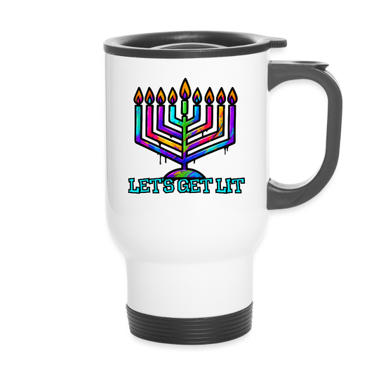 Let’s Get Lit Chabad Menorah Travel Mug - white