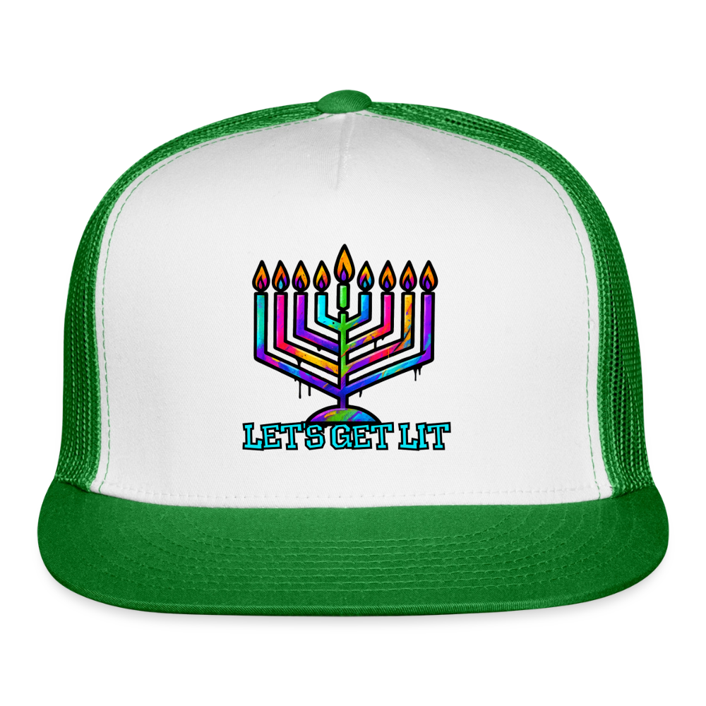 Let’s Get Lit Chabad Menorah Trucker Hat - white/kelly green